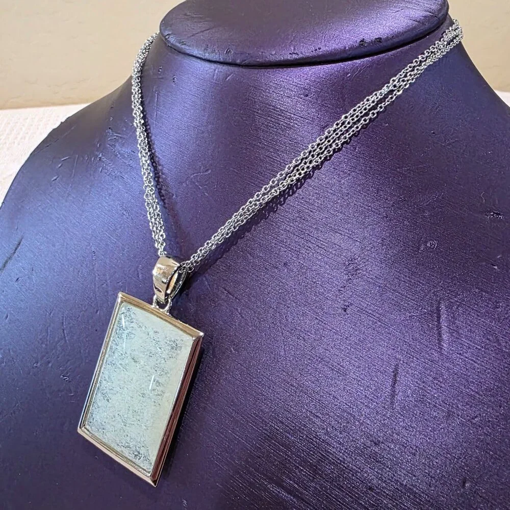 Vintage Transluscent Rectangle Silver Frame Triple Chain Necklace Near Mint